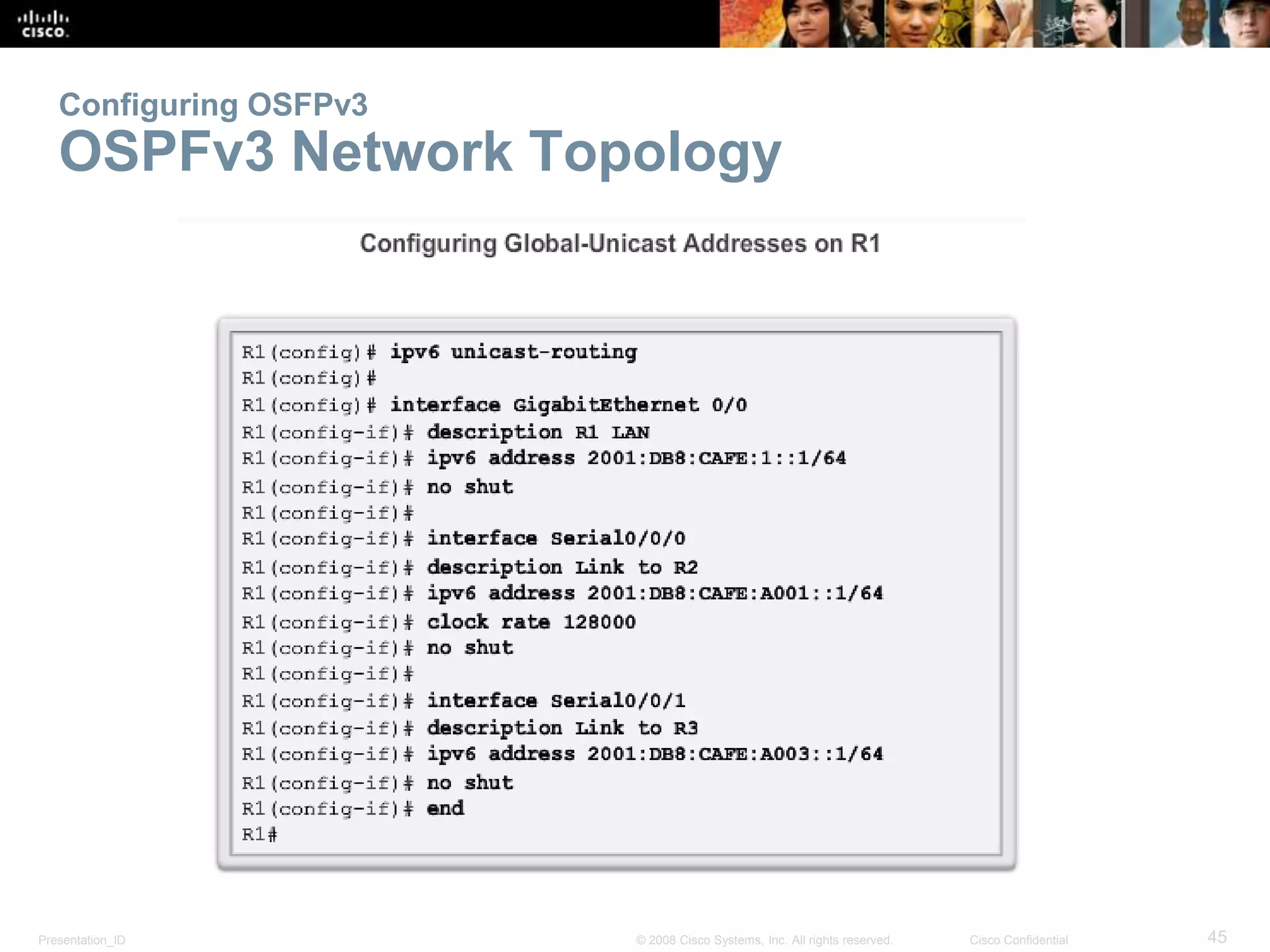 Configuring OSFPv3 
OSPFv3 Network Topology 
Presentation_ID © 2008 Cisco Systems, Inc. All rights reserved. Cisco Confidential 45 
 
