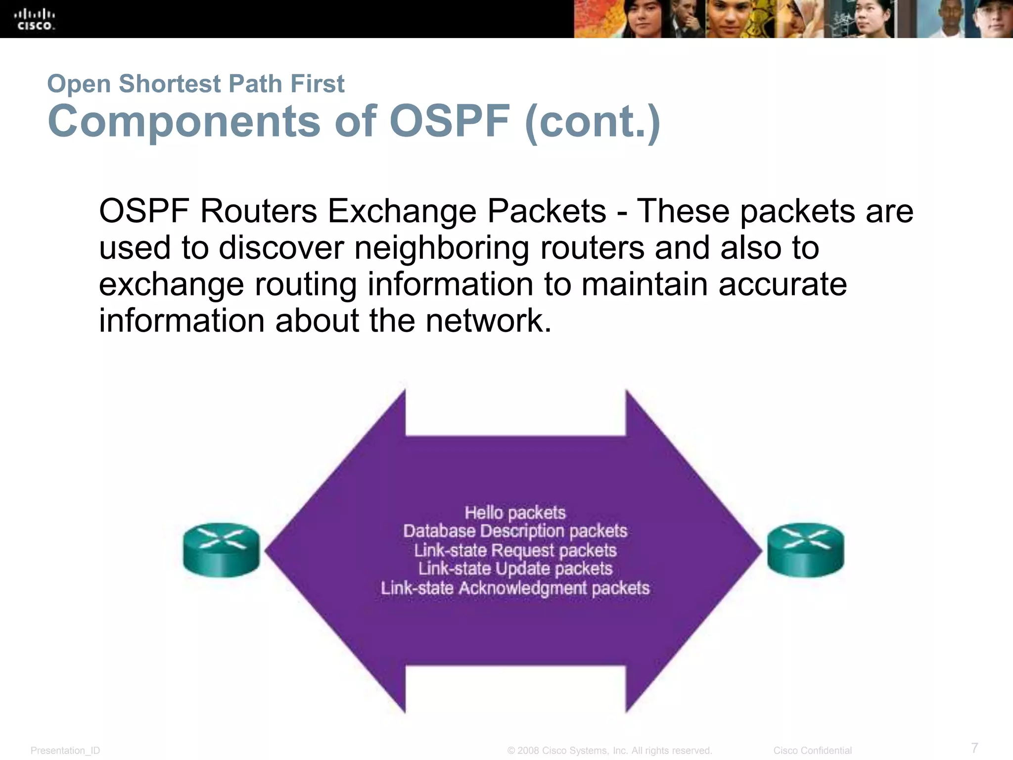 Open Shortest Path First 
Components of OSPF (cont.) 
OSPF Routers Exchange Packets - These packets are 
used to discover neighboring routers and also to 
exchange routing information to maintain accurate 
information about the network. 
Presentation_ID © 2008 Cisco Systems, Inc. All rights reserved. Cisco Confidential 7 
 