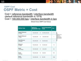 OSPF Cost 
OSPF Metric = Cost 
Cost = reference bandwidth / interface bandwidth 
(default reference bandwidth is 10^8) 
Cost = 100,000,000 bps / interface bandwidth in bps 
Presentation_ID © 2008 Cisco Systems, Inc. All rights reserved. Cisco Confidential 31 
 