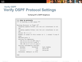 Verify OSPF 
Verify OSPF Protocol Settings 
Presentation_ID © 2008 Cisco Systems, Inc. All rights reserved. Cisco Confiden...