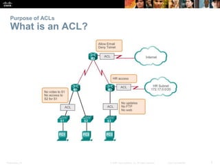 Purpose of ACLs 
What is an ACL? 
Presentation_ID © 2008 Cisco Systems, Inc. All rights reserved. Cisco Confidential 5 
 