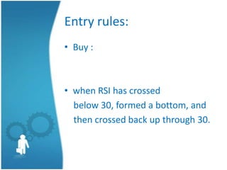 Entry rules:
• Buy :



• when RSI has crossed
  below 30, formed a bottom, and
  then crossed back up through 30.
 