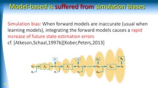 Model-based is suffered from simulation biases
37
Simulation bias: When forward models are inaccurate (usual when
learning models), integrating the forward models causes a rapid
increase of future state estimation errors
cf. [Atkeson,Schaal,1997b][Kober,Peters,2013]
 