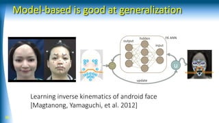 Model-based is good at generalization
38
input
output
hidden
－ u
update
FK ANN
Learning inverse kinematics of android face
[Magtanong, Yamaguchi, et al. 2012]
 