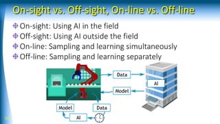 On-sight vs. Off-sight, On-line vs. Off-line
On-sight: Using AI in the field
Off-sight: Using AI outside the field
On-line: Sampling and learning simultaneously
Off-line: Sampling and learning separately
51
 