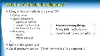 What is Artificial Intelligence?
Many different methods are called “AI”
Optimization
Machine Learning
✓ Supervised learning
✓ Unsupervised learning
✓ Reinforcement learning
Reasoning
✓ Search
✓ Motion planning
…
None of the above is AI
OR all programs are AI (“if x>0 then y else z” is a simplest AI)
7
AI can do many things
Many (AI) methods are
developed for many tasks
 