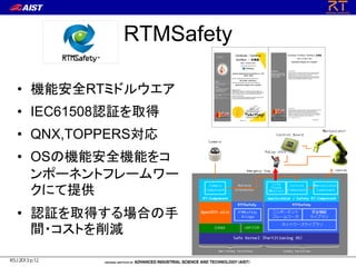 RTMSafety
• 機能安全RTミドルウエア
• IEC61508認証を取得
• QNX,TOPPERS対応
• OSの機能安全機能をコ
ンポーネントフレームワー
クにて提供
• 認証を取得する場合の手
間・コストを削減
RSJ2013 p...
