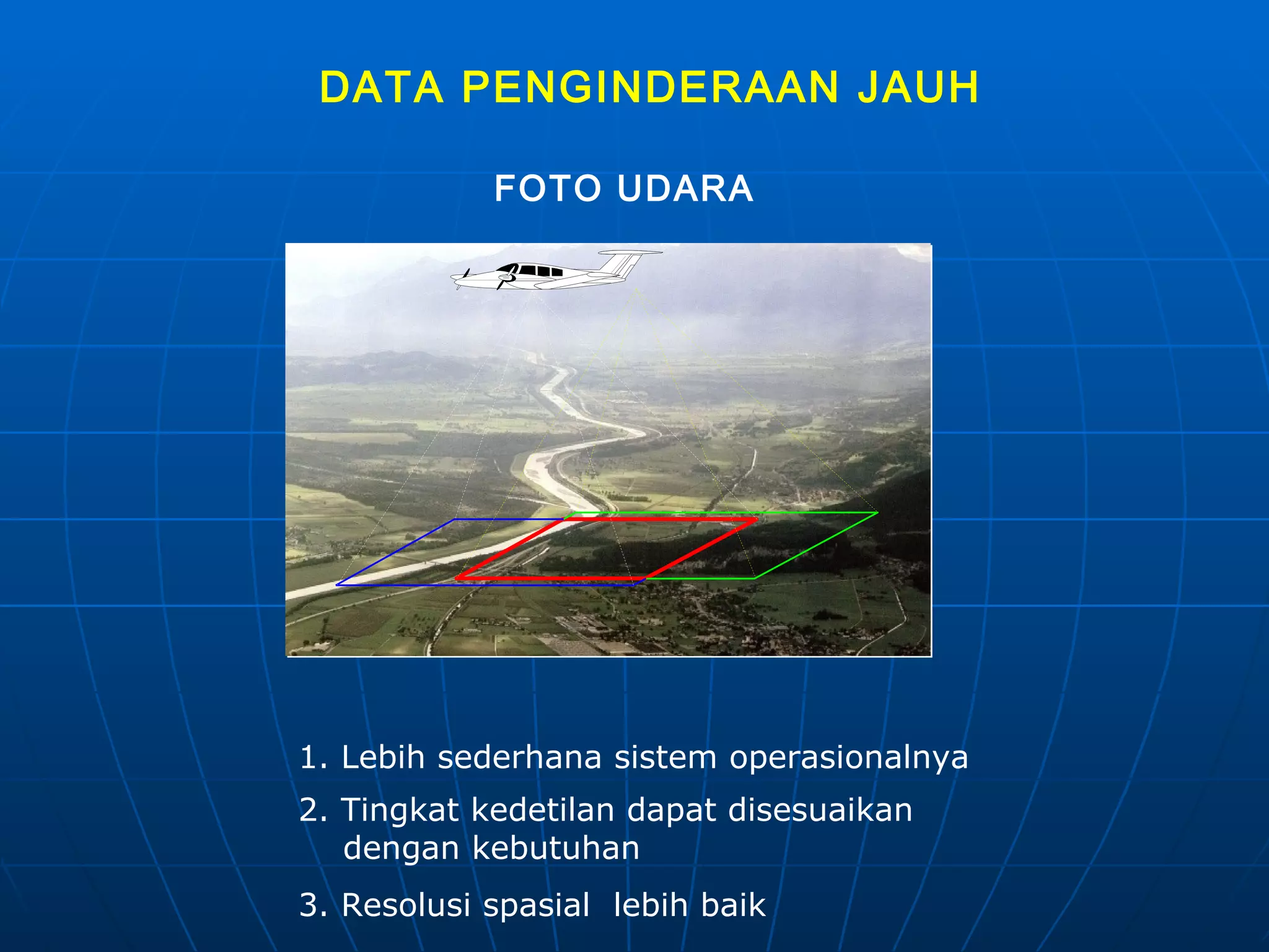 DATA PENGINDERAAN JAUH FOTO UDARA 1. Lebih sederhana sistem operasionalnya  3. Resolusi spasial  lebih baik  2. Tingkat kedetilan dapat disesuaikan  dengan kebutuhan 