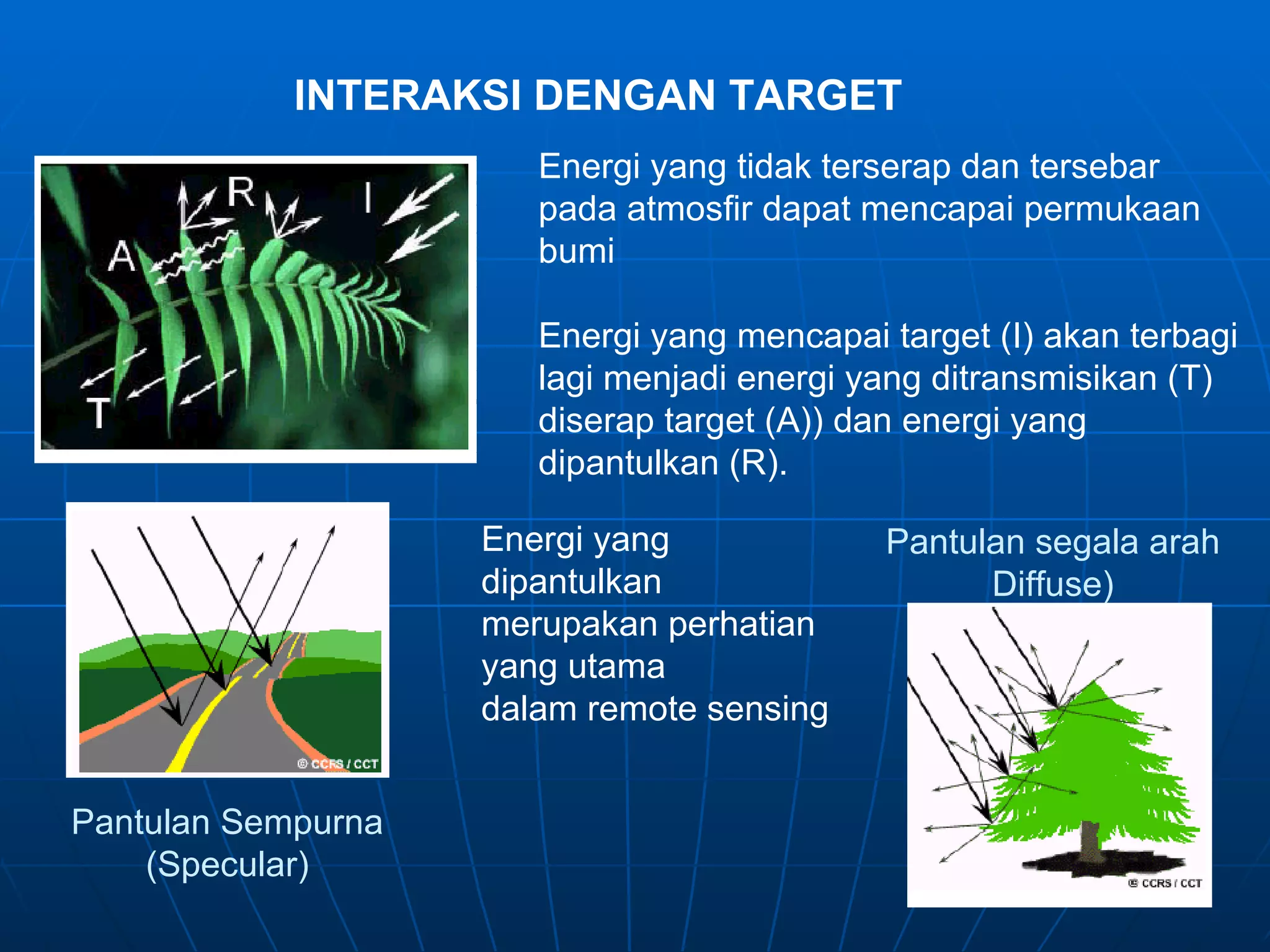 INTERAKSI DENGAN TARGET Energi yang tidak terserap dan tersebar pada atmosfir dapat mencapai permukaan bumi Energi yang mencapai target (I) akan terbagi lagi menjadi energi yang ditransmisikan (T) diserap target (A)) dan energi yang  dipantulkan (R). Energi yang dipantulkan  merupakan perhatian yang utama dalam remote sensing Pantulan Sempurna (Specular) Pantulan segala arah Diffuse) 