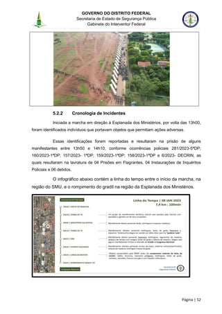 GOVERNO DO DISTRITO FEDERAL
Secretaria de Estado de Segurança Pública
Gabinete do Interventor Federal
--------------------------------------------------------------------------------------------------------------------------------------------------------------------------------------------------------------------------------------------------------------------------------------------------------------------------------------------------------------------------------------------------------------------------------------------------------------------------------------------------------------------------------------------------------------------------------------------------------------------------------------------------------------------------------------------------------------------------------------------------------------------
Página | 52
5.2.2 Cronologia de Incidentes
Iniciada a marcha em direção à Esplanada dos Ministérios, por volta das 13h00,
foram identificados indivíduos que portavam objetos que permitiam ações adversas.
Essas identificações foram reportadas e resultaram na prisão de alguns
manifestantes entre 13h50 e 14h10, conforme ocorrências policiais 281/2023-5ªDP;
160/2023-1ªDP; 157/2023- 1ªDP; 159/2023-1ªDP; 158/2023-1ªDP e 6/2023- DECRIN, as
quais resultaram na lavratura de 04 Prisões em Flagrantes, 04 Instaurações de Inquéritos
Policiais e 06 detidos.
O infográfico abaixo contém a linha do tempo entre o início da marcha, na
região do SMU, e o rompimento do gradil na região da Esplanada dos Ministérios.
 