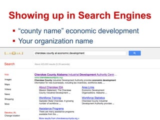 Showing up in Search Engines
  “county name” economic development
  Your organization name

 