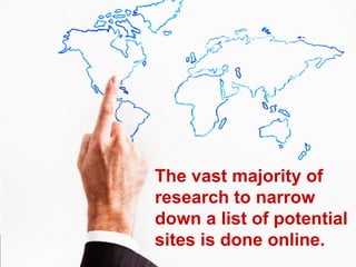 The vast majority of
research to narrow
down a list of potential
sites is done online.

 