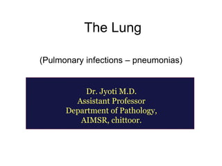 The Lung
(Pulmonary infections – pneumonias)
Dr. Jyoti M.D.
Assistant Professor
Department of Pathology,
AIMSR, chittoor.
 