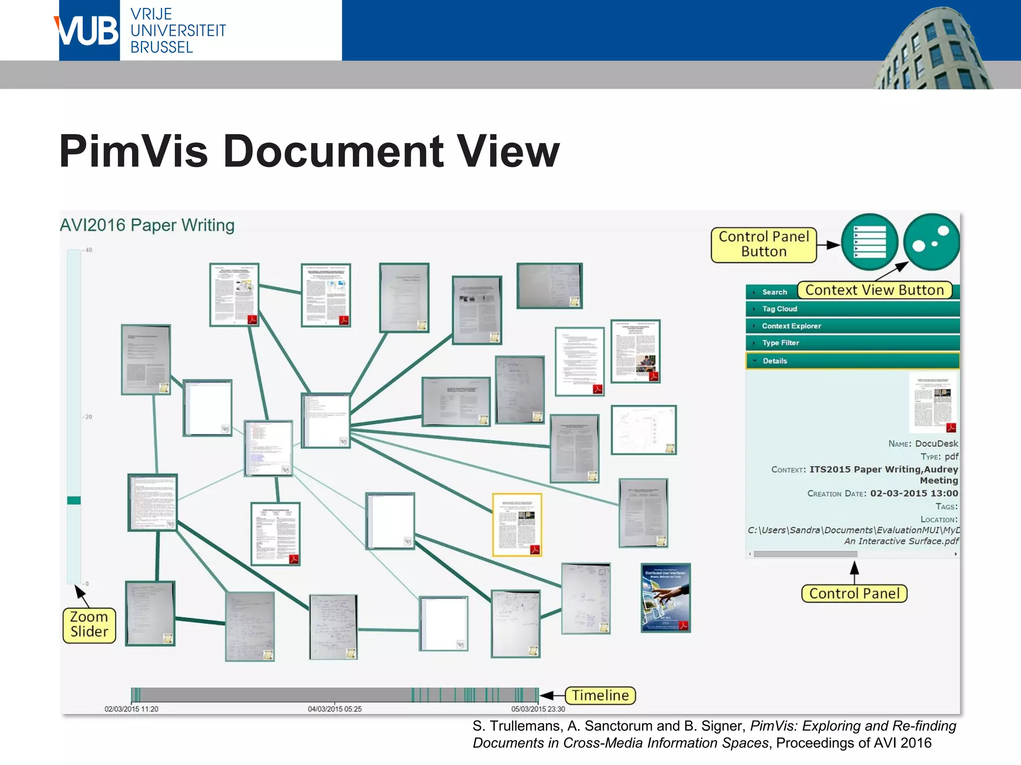 PimVis Document View
S. Trullemans, A. Sanctorum and B. Signer, PimVis: Exploring and Re-finding
Documents in Cross-Media Information Spaces, Proceedings of AVI 2016
 