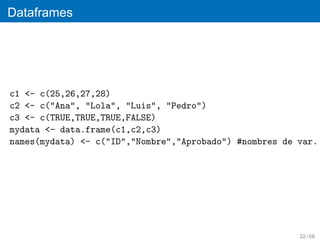 Dataframes




c1 <- c(25,26,27,28)
c2 <- c("Ana", "Lola", "Luis", "Pedro")
c3 <- c(TRUE,TRUE,TRUE,FALSE)
mydata <- data.frame(c1,c2,c3)
names(mydata) <- c("ID","Nombre","Aprobado") #nombres de var.




                                                         22 / 68
 