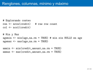 ´
Renglones, columnas, m´nimo y maximo
                      ı



# Explorando conteo
ren <- nrow(credit)   # raw row count
col <- ncol(credit)

# Min y Max
agemin <- min(age,na.rm = TRUE) # min sin NULLS en age
agemax <- max(age,na.rm = TRUE)

ammin <- min(credit_amount,na.rm = TRUE)
ammax <- max(credit_amount,na.rm = TRUE)




                                                         25 / 68
 