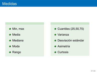 Medidas




    Min, max   Cuantiles (25,50,75)

    Media      Varianza

    Mediana            ´     ´
               Desviacion estandar

    Moda       Asimetr´a
                      ı

    Rango      Curtosis




                                      37 / 68
 