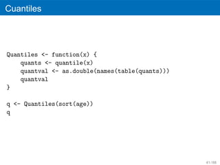Cuantiles




Quantiles <- function(x) {
    quants <- quantile(x)
    quantval <- as.double(names(table(quants)))
    quantval
}

q <- Quantiles(sort(age))
q




                                                  41 / 68
 