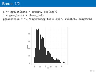 Barras 1/2
d <- ggplot(data = credit, aes(age))
d + geom_bar() + theme_bw()
ggsave(file = "../figures/gg-foo10.eps", width=5, height=5)




                       80




                       60
               count




                       40




                       20




                       0

                            20   30   40         50   60   70
                                           age

                                                                58 / 68
 