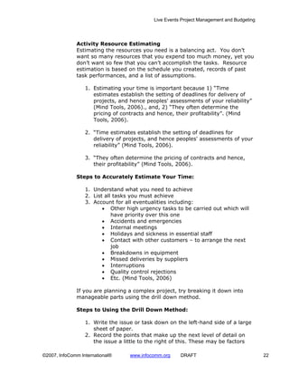 Live Events Project Management and Budgeting




              Activity Resource Estimating
              Estimating the resources you need is a balancing act. You don’t
              want so many resources that you expend too much money, yet you
              don’t want so few that you can’t accomplish the tasks. Resource
              estimation is based on the schedule you created, records of past
              task performances, and a list of assumptions.

                  1. Estimating your time is important because 1) “Time
                     estimates establish the setting of deadlines for delivery of
                     projects, and hence peoples' assessments of your reliability”
                     (Mind Tools, 2006)., and, 2) “They often determine the
                     pricing of contracts and hence, their profitability”. (Mind
                     Tools, 2006).

                  2. “Time estimates establish the setting of deadlines for
                     delivery of projects, and hence peoples' assessments of your
                     reliability” (Mind Tools, 2006).

                  3. “They often determine the pricing of contracts and hence,
                     their profitability” (Mind Tools, 2006).

              Steps to Accurately Estimate Your Time:

                  1. Understand what you need to achieve
                  2. List all tasks you must achieve
                  3. Account for all eventualities including:
                         • Other high urgency tasks to be carried out which will
                             have priority over this one
                         • Accidents and emergencies
                         • Internal meetings
                         • Holidays and sickness in essential staff
                         • Contact with other customers – to arrange the next
                             job
                         • Breakdowns in equipment
                         • Missed deliveries by suppliers
                         • Interruptions
                         • Quality control rejections
                         • Etc. (Mind Tools, 2006)

              If you are planning a complex project, try breaking it down into
              manageable parts using the drill down method.

              Steps to Using the Drill Down Method:

                  1. Write the issue or task down on the left-hand side of a large
                     sheet of paper.
                  2. Record the points that make up the next level of detail on
                     the issue a little to the right of this. These may be factors

©2007, InfoComm International®     www.infocomm.org    DRAFT                               22
 