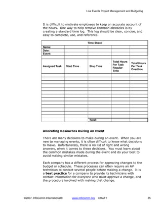Live Events Project Management and Budgeting




              It is difficult to motivate employees to keep an accurate account of
              the hours. One way to help remove common obstacles is by
              creating a standard time log. This log should be clear, concise, and
              easy to complete, use, and reference.

                                               Time Sheet
              Name:
              Date:
              Event:


                                                                   Total Hours
                                                                                 Total Hours
                                                                   Per Task
              Assigned Task      Start Time      Stop Time                       Per Task
                                                                   Regular
                                                                                 Overtime
                                                                   Time




                                                 Total:



              Allocating Resources During an Event

              There are many decisions to make during an event. When you are
              new to managing events, it is often difficult to know what decisions
              to make. Unfortunately, there is no list of right and wrong
              answers, when it comes to these decisions. You must learn about
              the common mistakes made during the event and do your best to
              avoid making similar mistakes.

              Each company has a different process for approving changes to the
              budget or schedule. These processes can often require an AV
              technician to contact several people before making a change. It is
              a best practice for a company to provide its technicians with
              contact information for everyone who must approve a change, and
              the procedure involved with making that change.




©2007, InfoComm International®       www.infocomm.org     DRAFT                                35
 