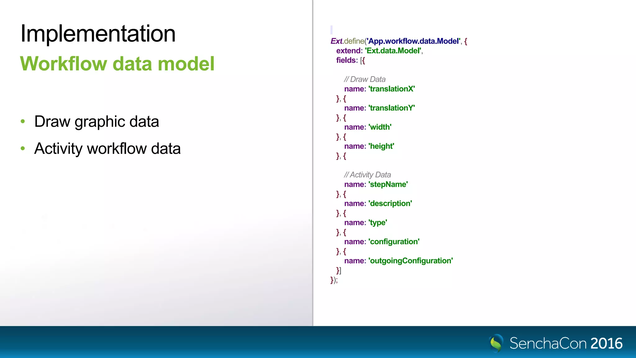 Ext.define('App.workflow.data.Model', {
extend: 'Ext.data.Model',
fields: [{
// Draw Data
name: 'translationX'
}, {
name: 'translationY'
}, {
name: 'width'
}, {
name: 'height'
}, {
// Activity Data
name: 'stepName'
}, {
name: 'description'
}, {
name: 'type'
}, {
name: 'configuration'
}, {
name: 'outgoingConfiguration'
}]
});
• Draw graphic data
• Activity workflow data
Implementation
Workflow data model
 