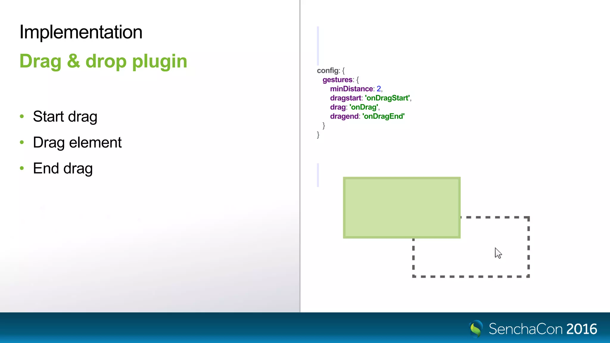 config: {
gestures: {
minDistance: 2,
dragstart: 'onDragStart',
drag: 'onDrag',
dragend: 'onDragEnd'
}
}
• Start drag
• Drag element
• End drag
Implementation
Drag & drop plugin
 
