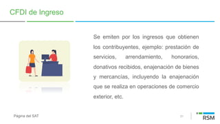 21
CFDI de Ingreso
Se emiten por los ingresos que obtienen
los contribuyentes, ejemplo: prestación de
servicios, arrendamiento, honorarios,
donativos recibidos, enajenación de bienes
y mercancías, incluyendo la enajenación
que se realiza en operaciones de comercio
exterior, etc.
Página del SAT
 
