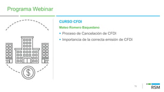 76
Programa Webinar
CURSO CFDI
Mateo Romero Baquedano
§ Proceso de Cancelación de CFDI
§ Importancia de la correcta emisión de CFDI
 