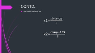 CONTD.
 the coded variable are
x1=
𝑡𝑖𝑚𝑒−35
5
x2=
𝒕𝒆𝒎𝒑−𝟏𝟓𝟓
5
 