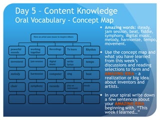 Day 5 – Content Knowledge
Oral Vocabulary - Concept Map
 Amazing words: steady,
jam session, beat, fiddle,
symphony, digital music,
melody, harmonize, tempo,
movement.
 Use the concept map and
what you have learned
from this week’s
discussions and reading
selections to form and
– a
realization or big idea
about inventors and
artists.
 In your spiral write down
a few sentences about
your
beginning with, “This
week I learned…”
How an artist uses music to inspire others
powerful
sounds
working
together
Recordings To learn
movement Jam session digital
music
write
lyrics
melody harmonize computer sing
choir symphony records play an
instrument
Rhythm
tempo
beat
steady
 
