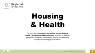 Housing
& Health
The next section considers our building permits, housing
tenure, cost burden and health insurance, as well as how our
performance on these indicators fits into the picture of the
country’s 100 most populous metros.
 
