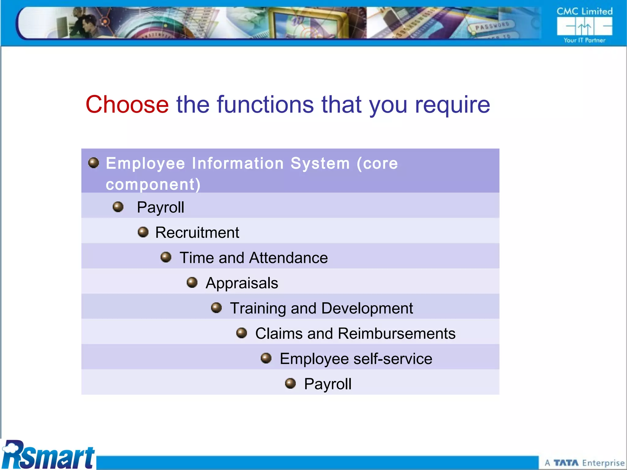 Choose the functions that you require

 Employee Information System (core
 component)
    Payroll
      Recruitment
         Time and Attendance
            Appraisals
               Training and Development
                    Claims and Reimbursements
                         Employee self-service
                            Payroll
 