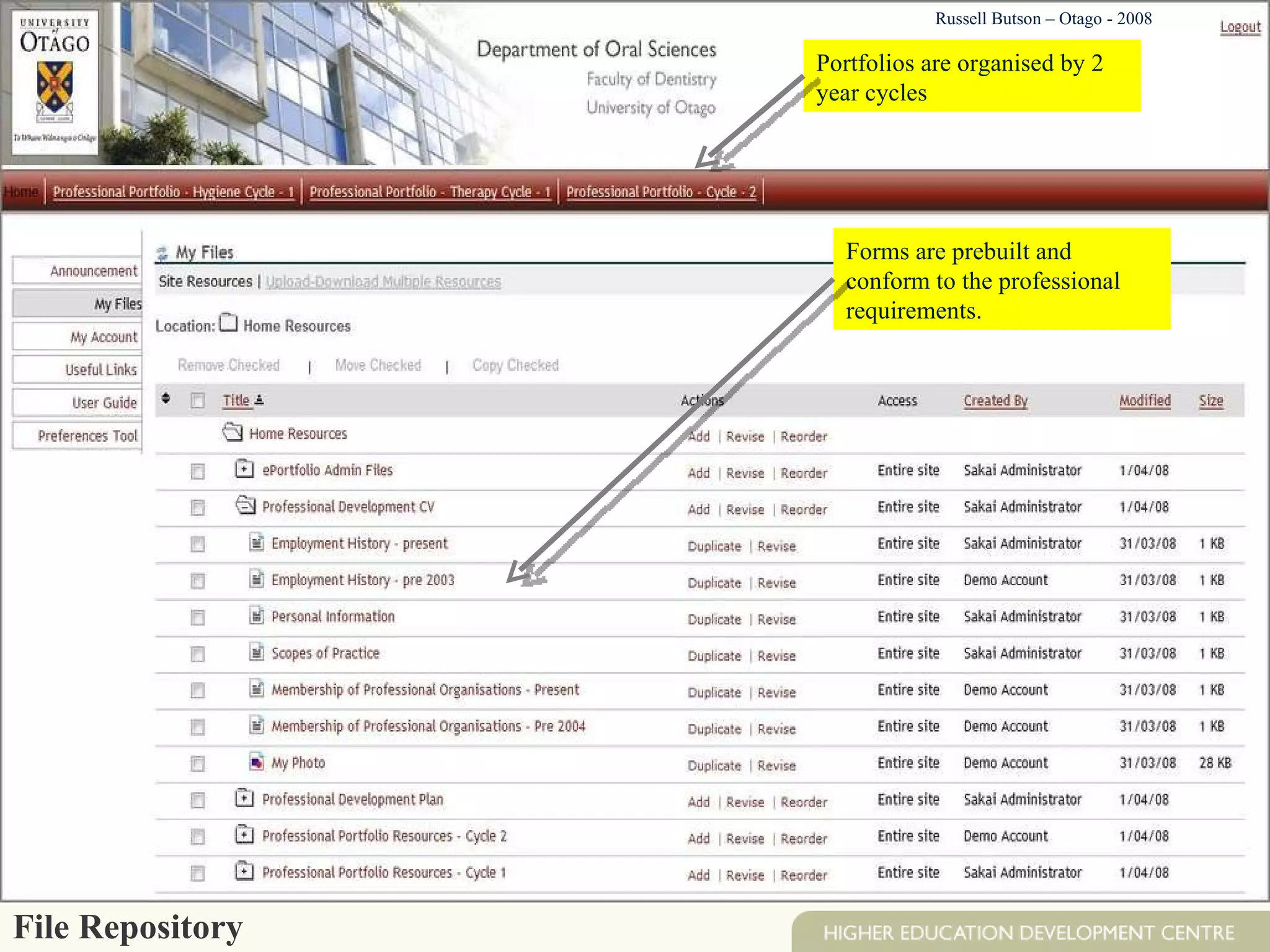 File Repository Forms are prebuilt and conform to the professional requirements. Portfolios are organised by 2 year cycles Russell Butson – Otago - 2008 