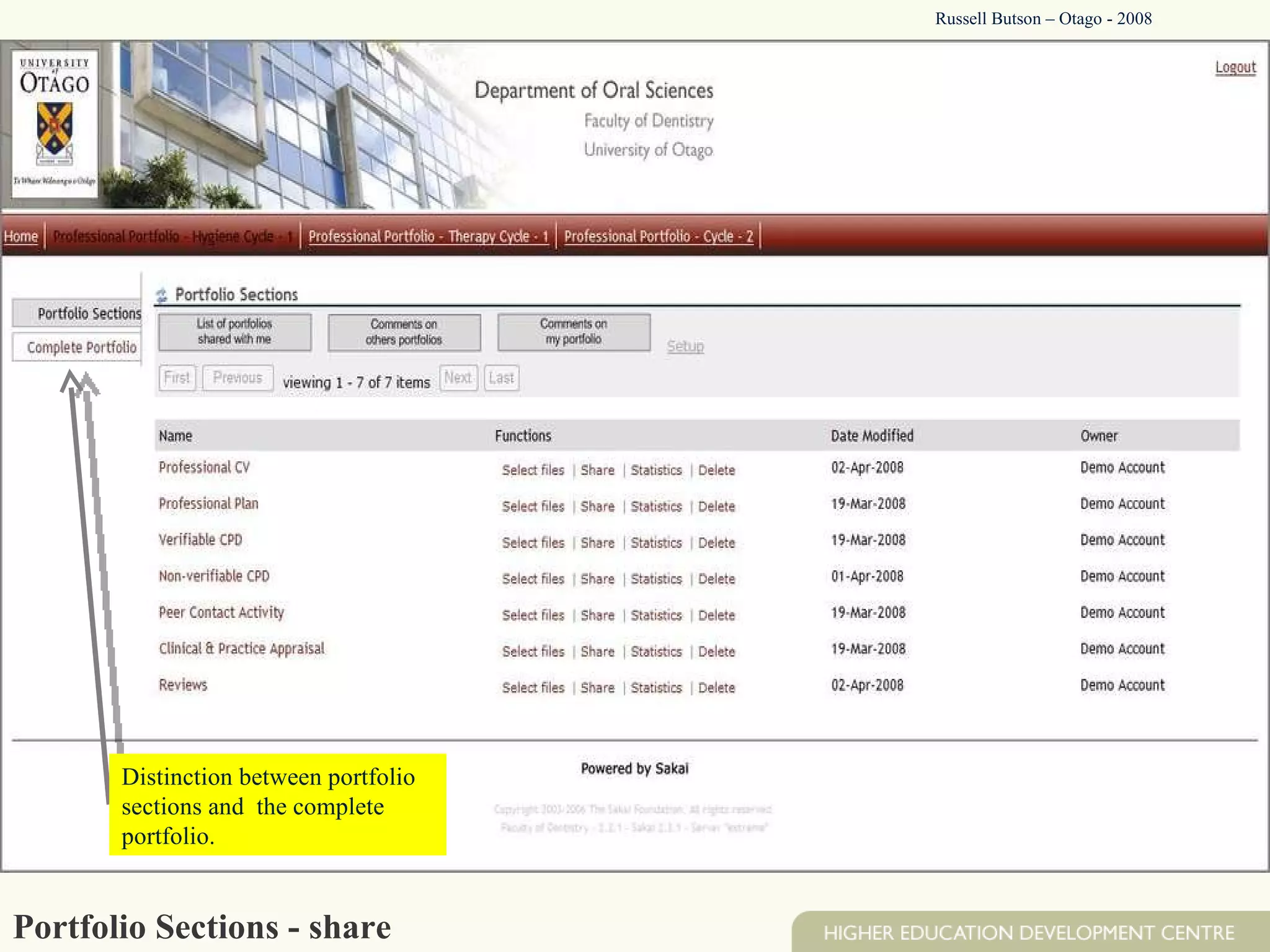 Portfolio Sections - share Distinction between portfolio sections and  the complete  portfolio.  Russell Butson – Otago - 2008 