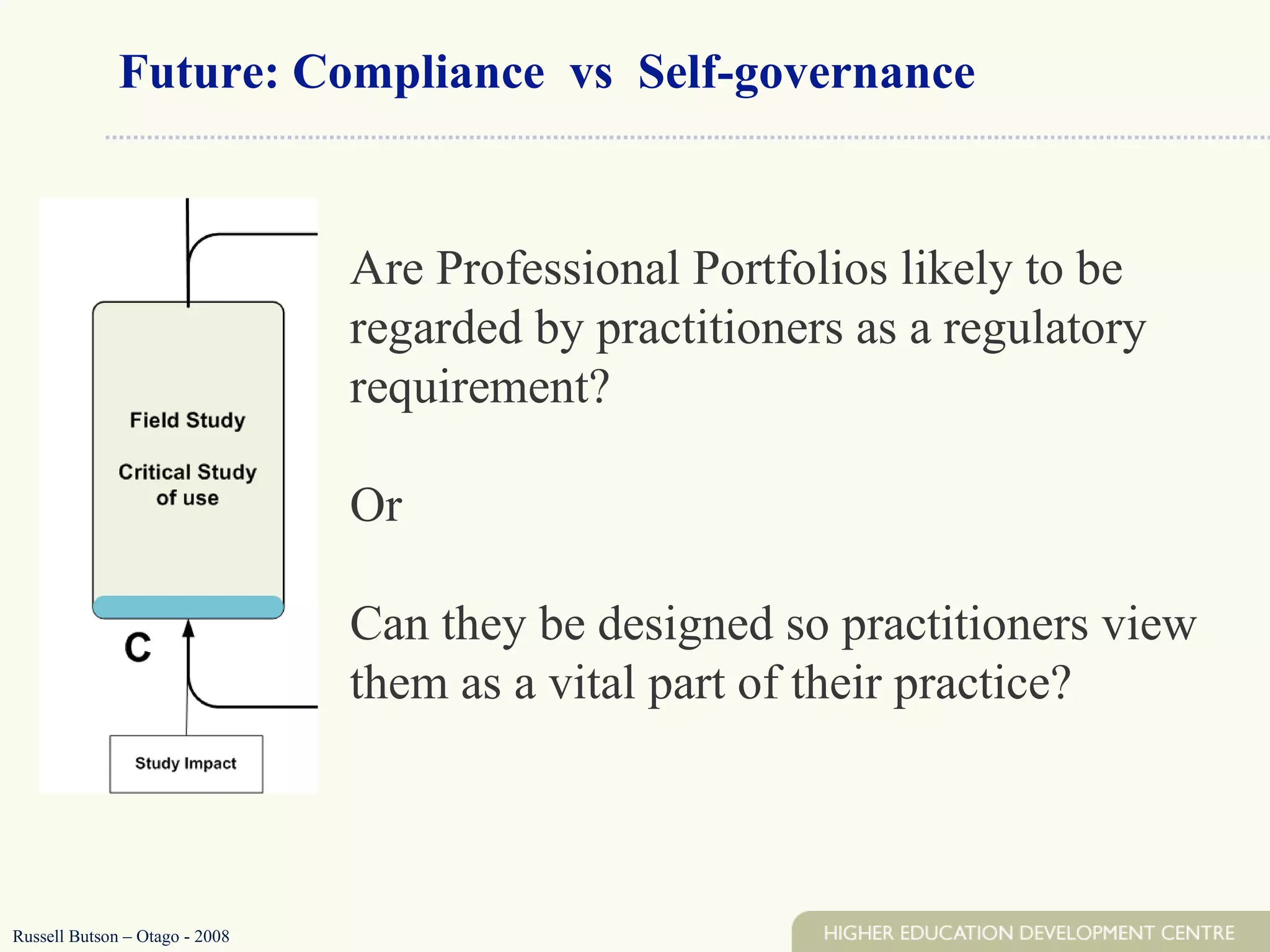 Are Professional Portfolios likely to be regarded by practitioners as a regulatory requirement? Or  Can they be designed so practitioners view them as a vital part of their practice? Future: Compliance  vs  Self-governance  Russell Butson – Otago - 2008 