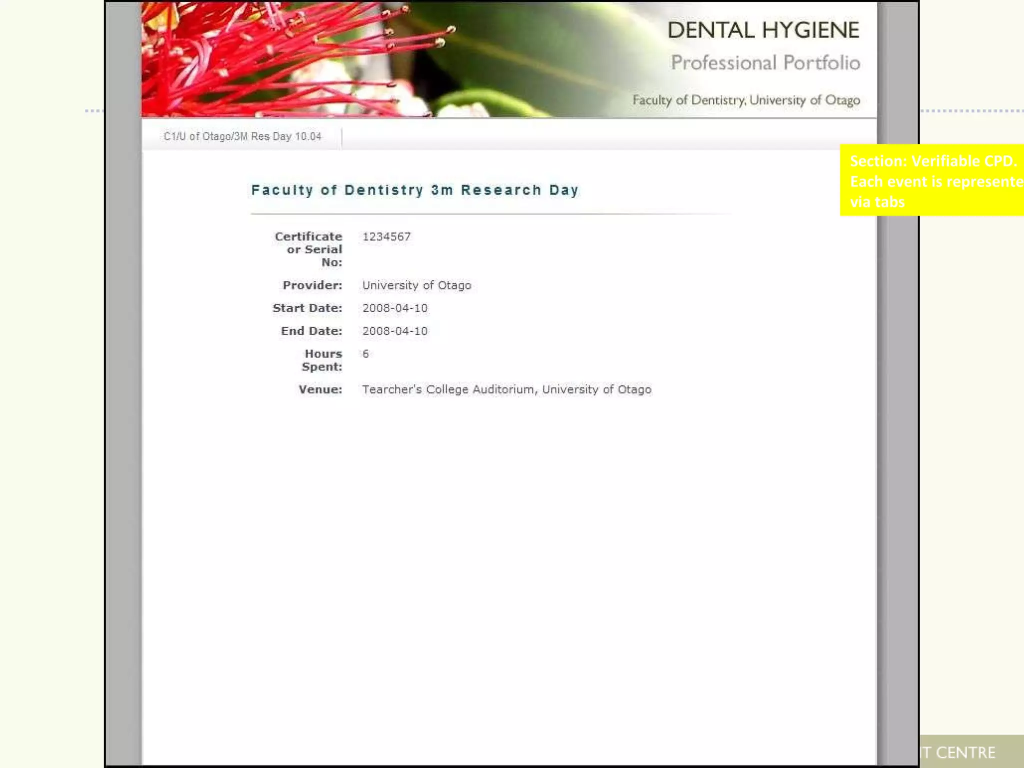 Section: Verifiable CPD.  Each event is represented  via tabs 