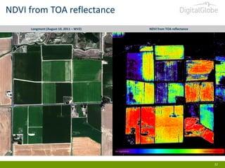 NDVI from TOA reflectance
Longmont (August 10, 2011 – WV2)

NDVI from TOA reflectance

no vegetation

vigorous vegetation

12

 