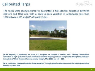Calibrated Tarps
The tarps were manufactured to guarantee a flat spectral response between
400 nm and 1050 nm, with a peek-to-peek variation in reflectance less than
10% between 10° and 60° off-nadir [3][4].

[3] M. Pagnutti, K. Holekamp, R.E. Ryan, R.D. Vaughan, J.A. Russell, D. Prados, and T. Stanley, “Atmospheric
correction of high spatial resolution commercial satellite imagery products using modis atmospheric products”,
in Analysis of Multi-Temporal Remote Sensing Images, May 2005, pp. 115 – 119.
[4] K. Holekamp, “NASA radiometric characterization”, in High spatial resolution commercial imagery workshop,
Reston, VA, Nov. 2004
18

 