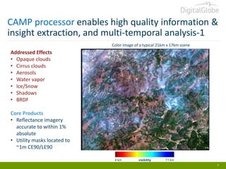 CAMP processor enables high quality information &
insight extraction, and multi-temporal analysis-1
Color image of a typical 21km x 17km scene

Addressed Effects
• Opaque clouds
• Cirrus clouds
• Aerosols
• Water vapor
• Ice/Snow
• Shadows
• BRDF
Core Products
• Reflectance imagery
accurate to within 1%
absolute
• Utility masks located to
~1m CE90/LE90
4 km

visibility

11 km

7

 