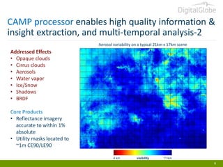 CAMP processor enables high quality information &
insight extraction, and multi-temporal analysis-2
Aerosol variability on a typical 21km x 17km scene

Addressed Effects
• Opaque clouds
• Cirrus clouds
• Aerosols
• Water vapor
• Ice/Snow
• Shadows
• BRDF
Core Products
• Reflectance imagery
accurate to within 1%
absolute
• Utility masks located to
~1m CE90/LE90
4 km

visibility

11 km

8

 