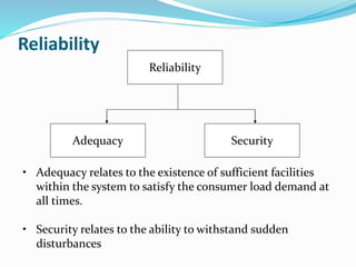 Reliability
Reliability
SecurityAdequacy
• Adequacy relates to the existence of sufficient facilities
within the system to satisfy the consumer load demand at
all times.
• Security relates to the ability to withstand sudden
disturbances
 
