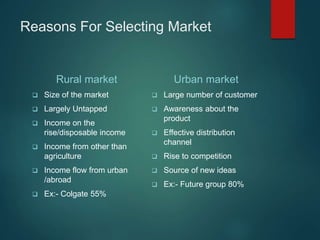 Reasons For Selecting Market
Rural market
 Size of the market
 Largely Untapped
 Income on the
rise/disposable income
 Income from other than
agriculture
 Income flow from urban
/abroad
 Ex:- Colgate 55%
Urban market
 Large number of customer
 Awareness about the
product
 Effective distribution
channel
 Rise to competition
 Source of new ideas
 Ex:- Future group 80%
 