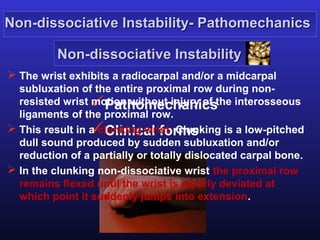 Non-dissociative Instability- Pathomechanics

          Non-dissociative Instability
 The wrist exhibits a radiocarpal and/or a midcarpal
  subluxation of the entire proximal row during non-
  resisted wrist Pathomechanics
                 motion without injury of the interosseous
  ligaments of the proximal row.
                 Clinical forms
 This result in a clunking wrist. Clunking is a low-pitched
  dull sound produced by sudden subluxation and/or
  reduction of a partially or totally dislocated carpal bone.
 In the clunking non-dissociative wrist the proximal row
  remains flexed until the wrist is ulnarly deviated at
  which point it suddenly jumps into extension.
 