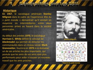 Historique
En 1967, le sociologue américain Stanley
Milgram dans le cadre de l’expérience dite du
« petit monde » démontrait qu’il existait en
moyenne six intermédiaires entre deux
personnes prises au hasard dans la société
américaine.
Au début des années 1970, le sociologue
Harrison C. White définit le concept de
blockmodel, qui permet de détecter les
communautés dans un réseau social. Mark
Granovetter, fournira en 1973 à ce domaine
un de ses articles les plus importants, qui
postule que les amis de ses amis sont plus
performants pour aider à trouver un nouveau
travail que les amis proches.
Stanley Milgram
Théorie du petit monde
 
