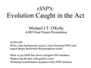 rSNP's:
Evolution Caught in the Act
                 Michael J.T. O'Kelly
              6.085 Final Project Presentation


 In this talk:
 ●First, some background science: yeast ribosomal DNA and

 repeat Single Nucleotide Polymorphism model

 ●How to get rSNP data from a shotgun DNA database
 ●Improving the data with quality scores

 ●Inferring recombination dynamics from rSNP statistics
 