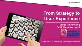 From Strategy to
User Experience
Design is Everything
(in 12 Minutes or Less!)
Laura Lopez | Sr. Community Manager | Social Tables
 
