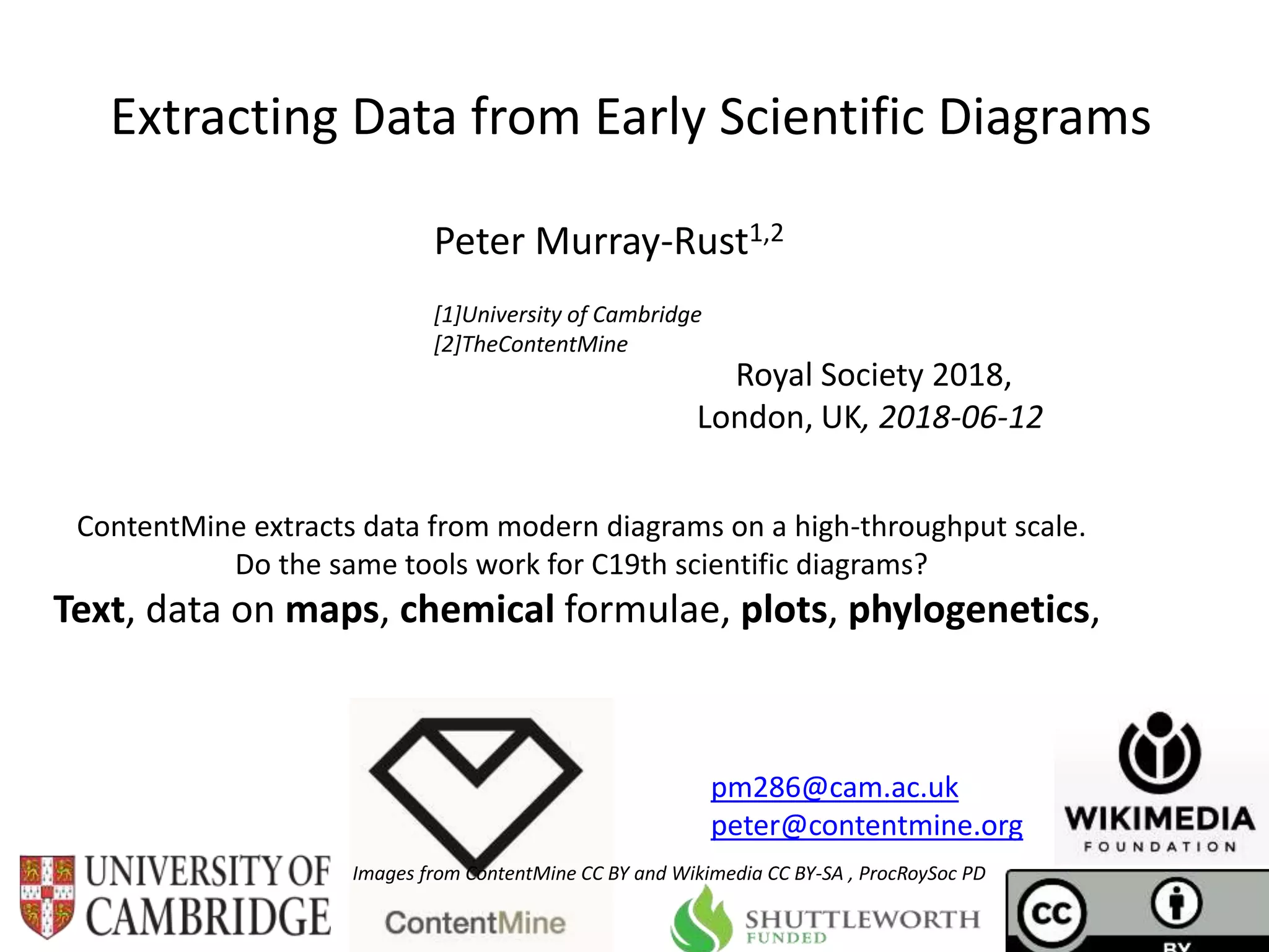 Royal Society 2018,
London, UK, 2018-06-12
Extracting Data from Early Scientific Diagrams
Peter Murray-Rust1,2
[1]University of Cambridge
[2]TheContentMine
ContentMine extracts data from modern diagrams on a high-throughput scale.
Do the same tools work for C19th scientific diagrams?
Text, data on maps, chemical formulae, plots, phylogenetics,
Images from ContentMine CC BY and Wikimedia CC BY-SA , ProcRoySoc PD
pm286@cam.ac.uk
peter@contentmine.org
 