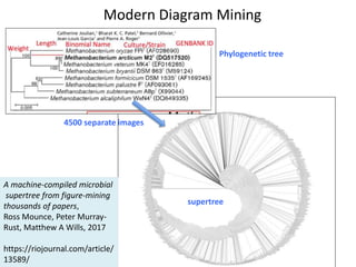 Modern Diagram Mining
4500 separate images
Phylogenetic tree
supertree
A machine-compiled microbial
supertree from figure-mining
thousands of papers,
Ross Mounce, Peter Murray-
Rust, Matthew A Wills, 2017
https://riojournal.com/article/
13589/
 