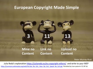 https://commons.wikimedia.org/wiki/File:See_No_Evil,_Hear_No_Evil,_Speak_No_Evil.jpg Parodied by User:petermr CC-BY SA
3 11 13
European Copyright Made Simple
Mine no
Content
Link no
Content
Upload no
Content
Julia Reda’s explanation https://juliareda.eu/eu-copyright-reform/ and write to your MEP
Peter Murray-Rust
 